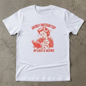 Easily Distracted by Cats & Books T-Shirt – Vintage Cat Lover Tee – Retro Reader